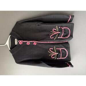 Vintage Timberlea Black Cardigan Sweater with Candy Cane and Pocket Embroidery